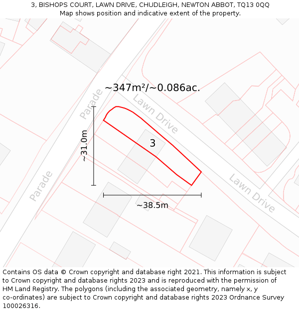 3, BISHOPS COURT, LAWN DRIVE, CHUDLEIGH, NEWTON ABBOT, TQ13 0QQ: Plot and title map