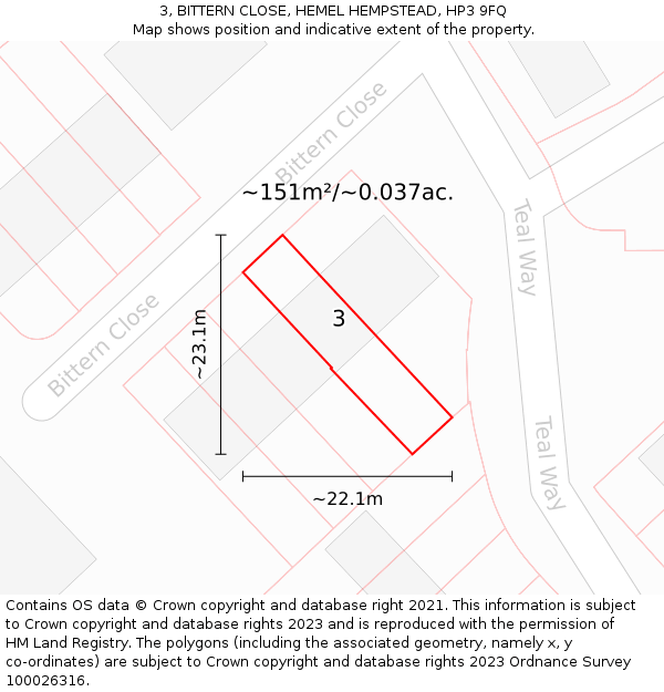 3, BITTERN CLOSE, HEMEL HEMPSTEAD, HP3 9FQ: Plot and title map