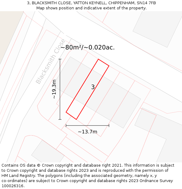 3, BLACKSMITH CLOSE, YATTON KEYNELL, CHIPPENHAM, SN14 7FB: Plot and title map
