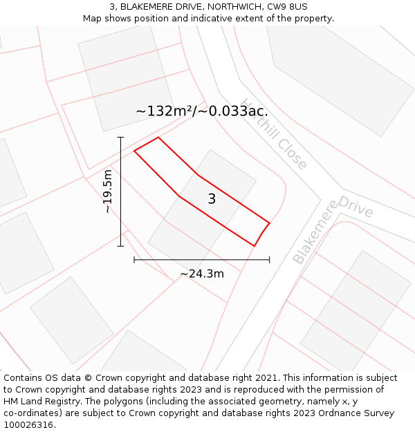 3, BLAKEMERE DRIVE, NORTHWICH, CW9 8US: Plot and title map