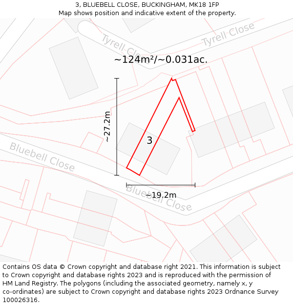 3, BLUEBELL CLOSE, BUCKINGHAM, MK18 1FP: Plot and title map