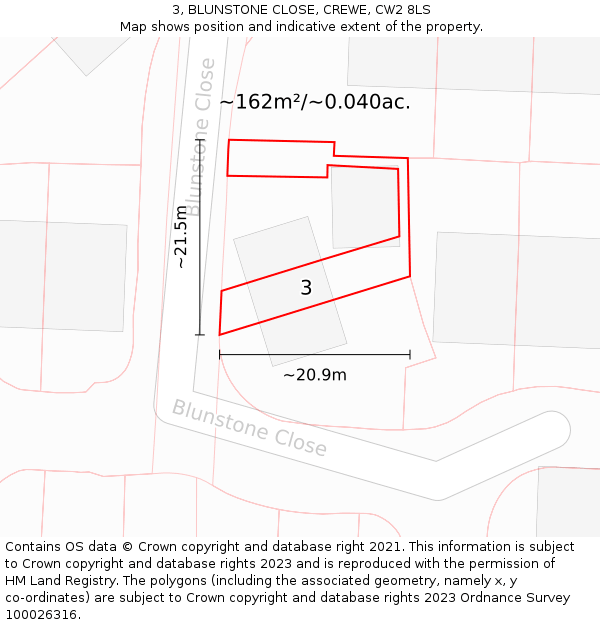 3, BLUNSTONE CLOSE, CREWE, CW2 8LS: Plot and title map