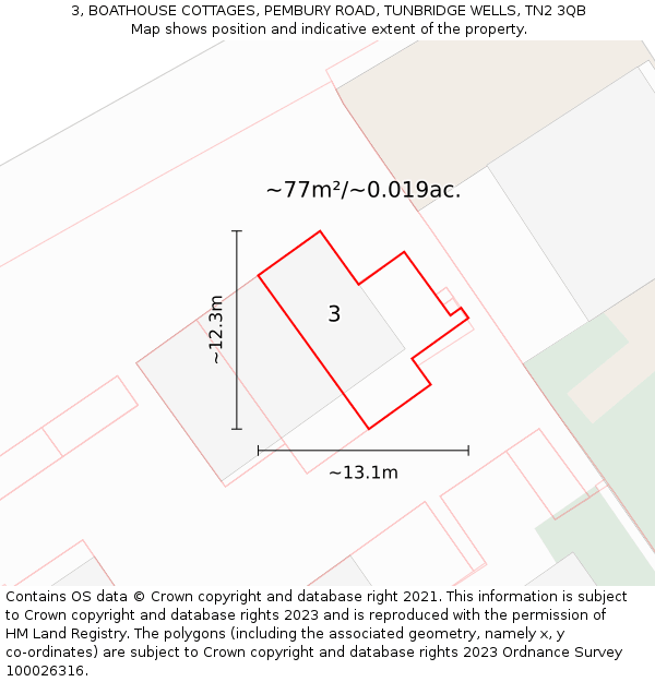3, BOATHOUSE COTTAGES, PEMBURY ROAD, TUNBRIDGE WELLS, TN2 3QB: Plot and title map