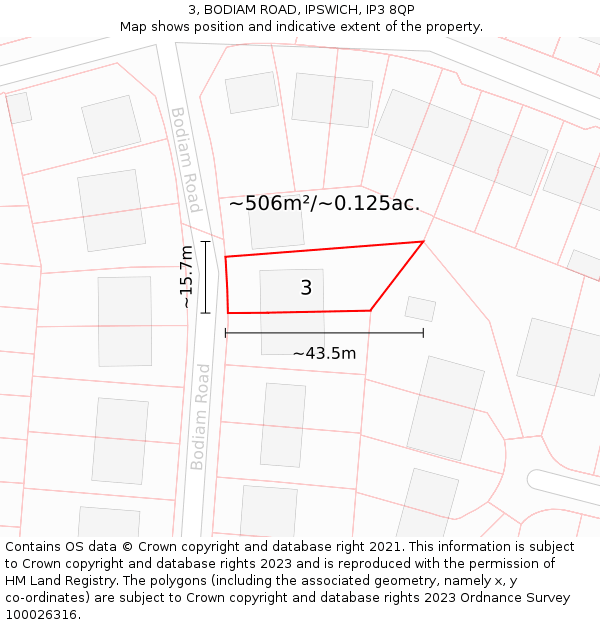 3, BODIAM ROAD, IPSWICH, IP3 8QP: Plot and title map