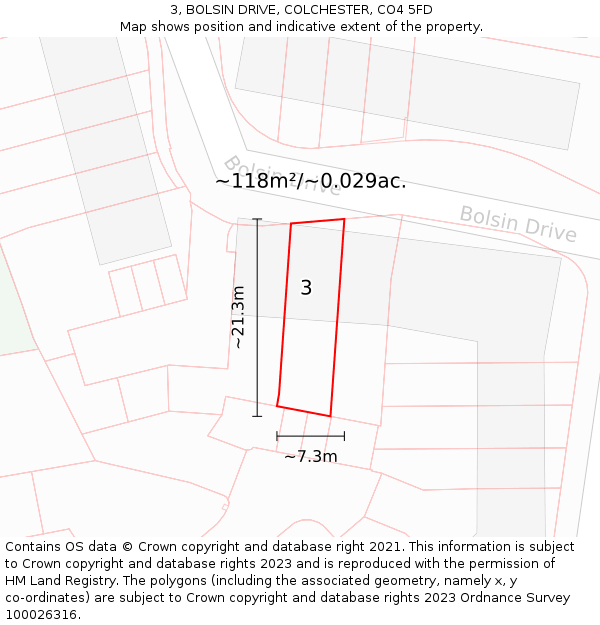 3, BOLSIN DRIVE, COLCHESTER, CO4 5FD: Plot and title map