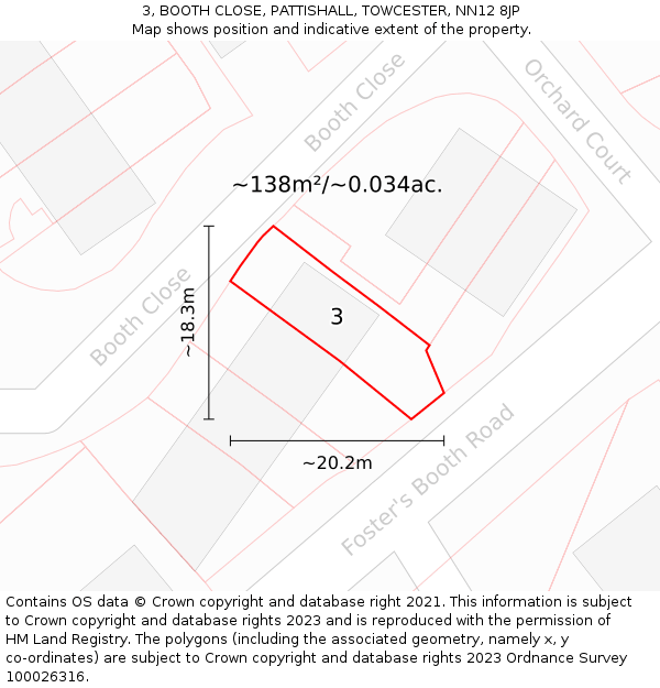 3, BOOTH CLOSE, PATTISHALL, TOWCESTER, NN12 8JP: Plot and title map
