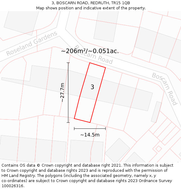 3, BOSCARN ROAD, REDRUTH, TR15 1QB: Plot and title map