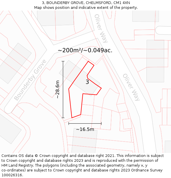 3, BOUNDERBY GROVE, CHELMSFORD, CM1 4XN: Plot and title map