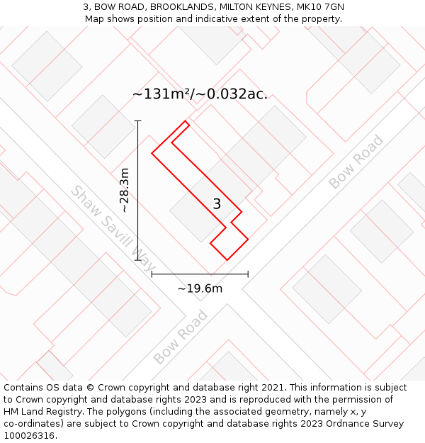 3, BOW ROAD, BROOKLANDS, MILTON KEYNES, MK10 7GN: Plot and title map