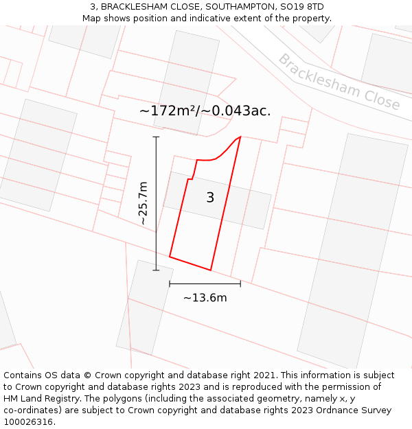 3, BRACKLESHAM CLOSE, SOUTHAMPTON, SO19 8TD: Plot and title map