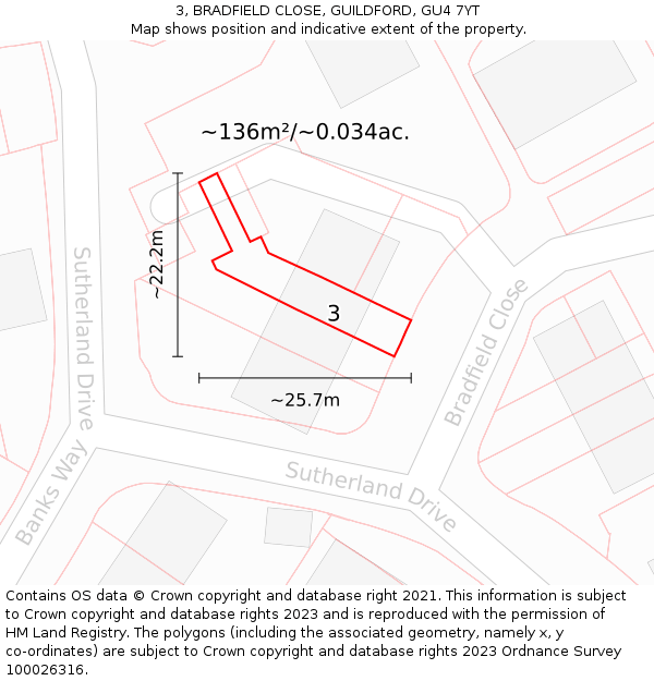 3, BRADFIELD CLOSE, GUILDFORD, GU4 7YT: Plot and title map