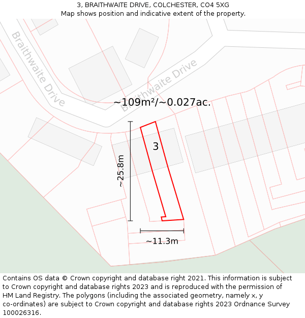 3, BRAITHWAITE DRIVE, COLCHESTER, CO4 5XG: Plot and title map