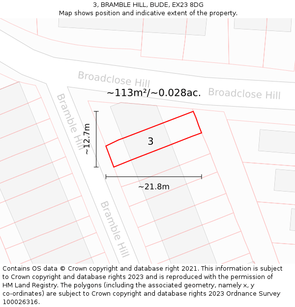 3, BRAMBLE HILL, BUDE, EX23 8DG: Plot and title map