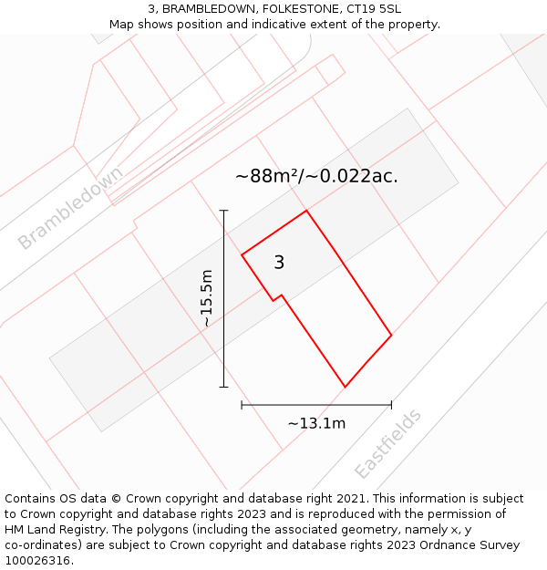 3, BRAMBLEDOWN, FOLKESTONE, CT19 5SL: Plot and title map
