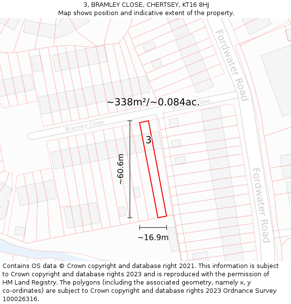 3, BRAMLEY CLOSE, CHERTSEY, KT16 8HJ: Plot and title map