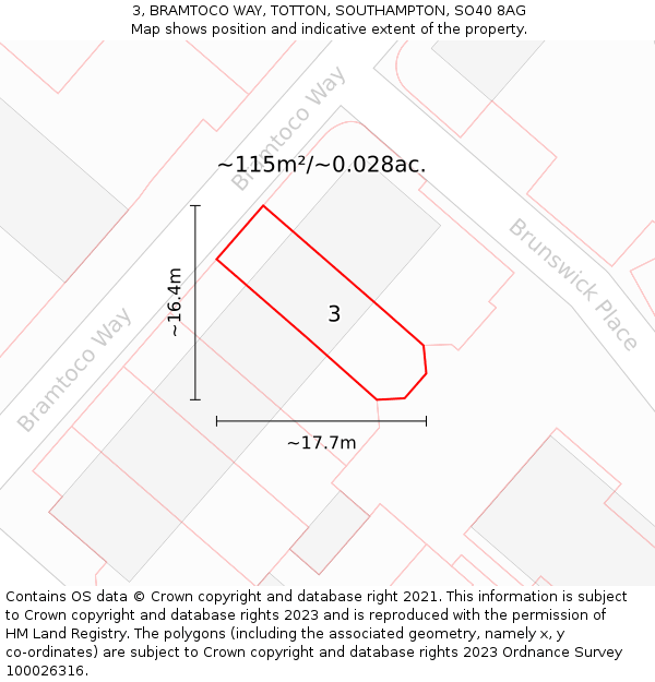 3, BRAMTOCO WAY, TOTTON, SOUTHAMPTON, SO40 8AG: Plot and title map