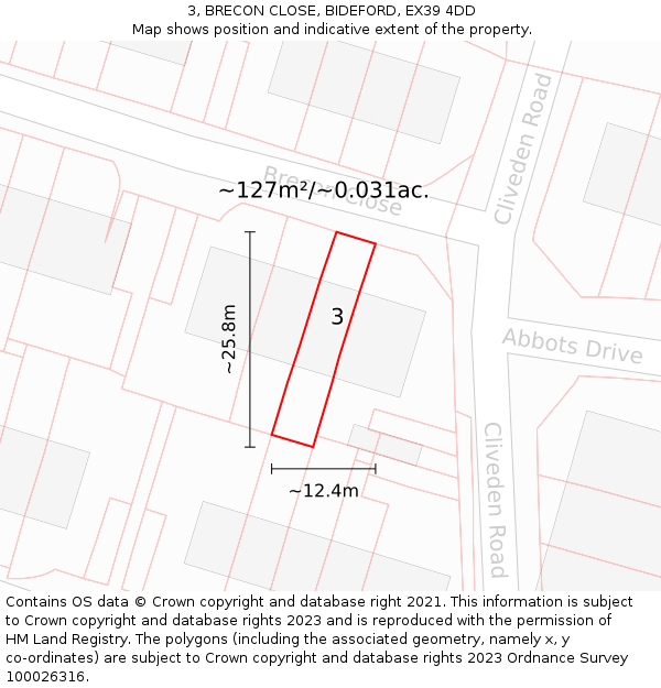 3, BRECON CLOSE, BIDEFORD, EX39 4DD: Plot and title map