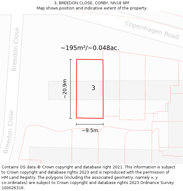 3, BREEDON CLOSE, CORBY, NN18 9PF: Plot and title map