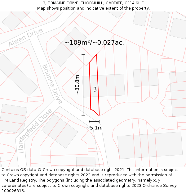 3, BRIANNE DRIVE, THORNHILL, CARDIFF, CF14 9HE: Plot and title map