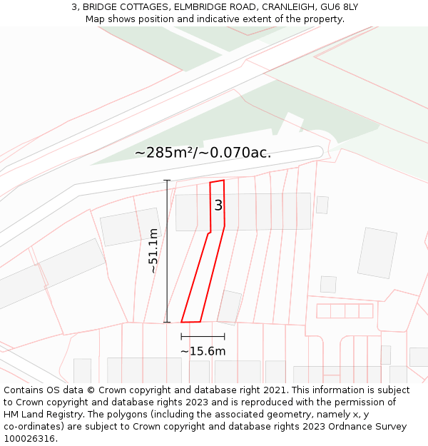 3, BRIDGE COTTAGES, ELMBRIDGE ROAD, CRANLEIGH, GU6 8LY: Plot and title map