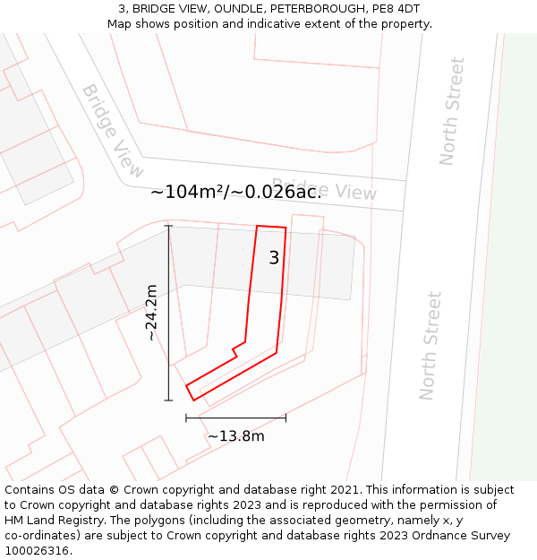 3, BRIDGE VIEW, OUNDLE, PETERBOROUGH, PE8 4DT: Plot and title map