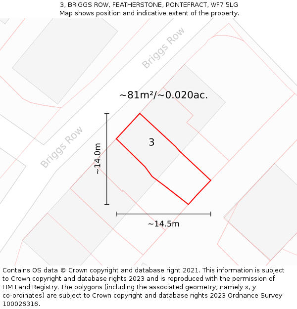 3, BRIGGS ROW, FEATHERSTONE, PONTEFRACT, WF7 5LG: Plot and title map