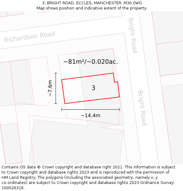 3, BRIGHT ROAD, ECCLES, MANCHESTER, M30 0WG: Plot and title map