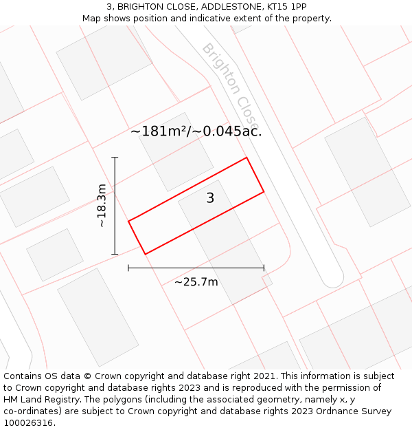 3, BRIGHTON CLOSE, ADDLESTONE, KT15 1PP: Plot and title map