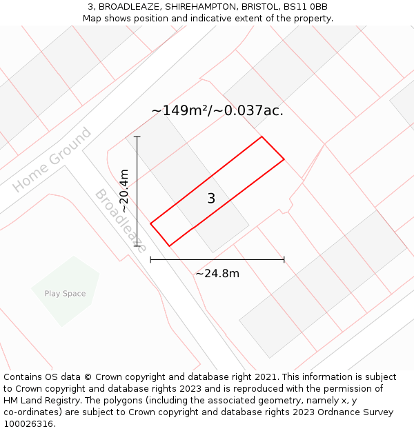 3, BROADLEAZE, SHIREHAMPTON, BRISTOL, BS11 0BB: Plot and title map