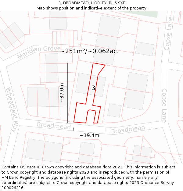 3, BROADMEAD, HORLEY, RH6 9XB: Plot and title map