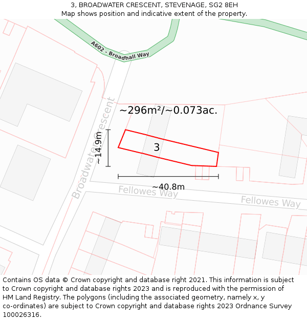 3, BROADWATER CRESCENT, STEVENAGE, SG2 8EH: Plot and title map
