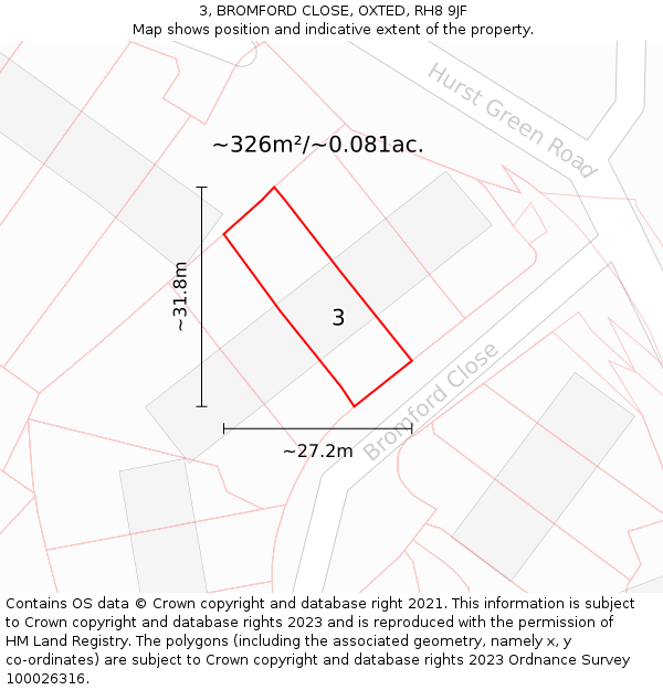 3, BROMFORD CLOSE, OXTED, RH8 9JF: Plot and title map
