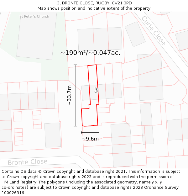3, BRONTE CLOSE, RUGBY, CV21 3PD: Plot and title map