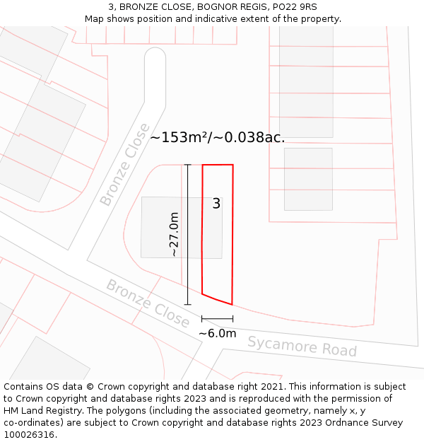 3, BRONZE CLOSE, BOGNOR REGIS, PO22 9RS: Plot and title map