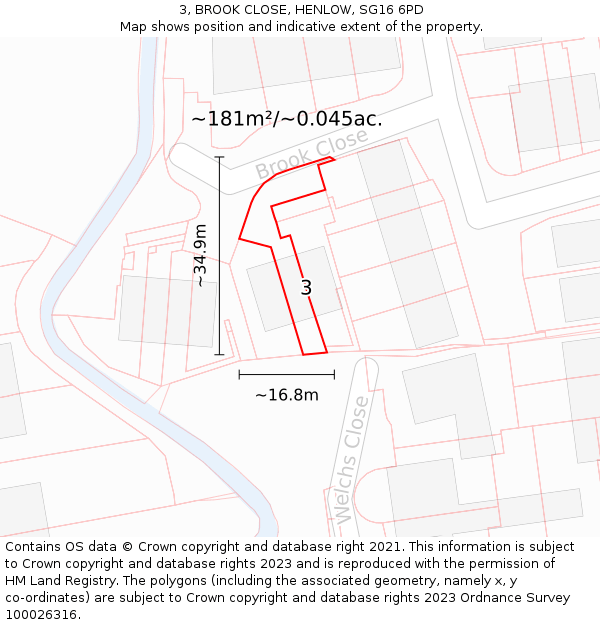 3, BROOK CLOSE, HENLOW, SG16 6PD: Plot and title map