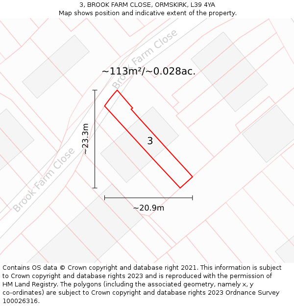 3, BROOK FARM CLOSE, ORMSKIRK, L39 4YA: Plot and title map