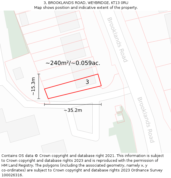 3, BROOKLANDS ROAD, WEYBRIDGE, KT13 0RU: Plot and title map