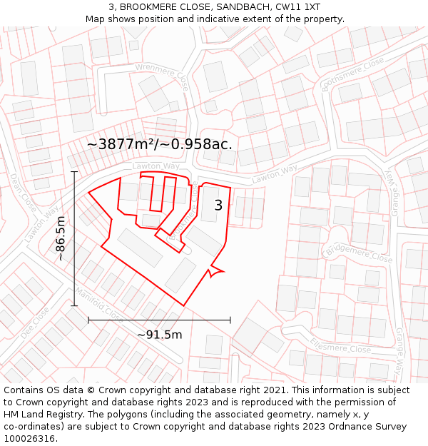 3, BROOKMERE CLOSE, SANDBACH, CW11 1XT: Plot and title map
