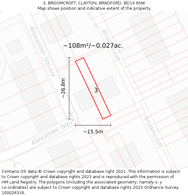 3, BROOMCROFT, CLAYTON, BRADFORD, BD14 6NW: Plot and title map