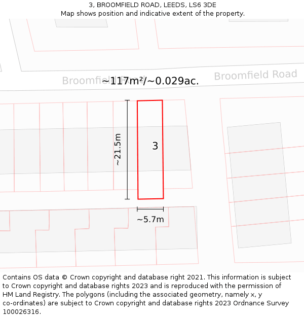 3, BROOMFIELD ROAD, LEEDS, LS6 3DE: Plot and title map