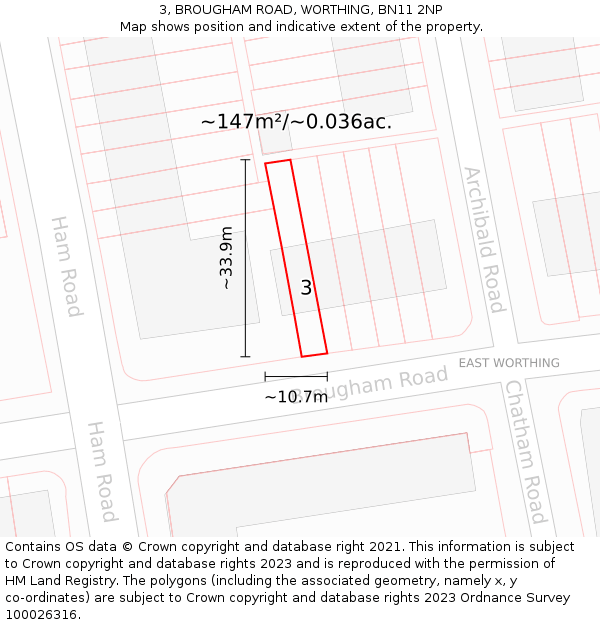 3, BROUGHAM ROAD, WORTHING, BN11 2NP: Plot and title map