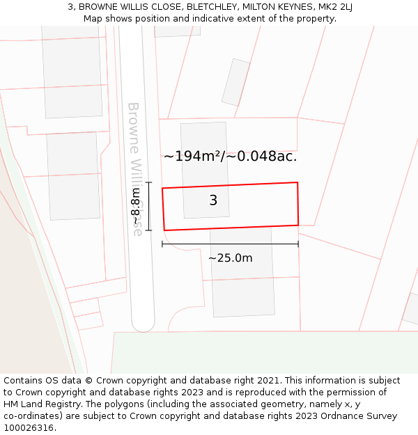 3, BROWNE WILLIS CLOSE, BLETCHLEY, MILTON KEYNES, MK2 2LJ: Plot and title map