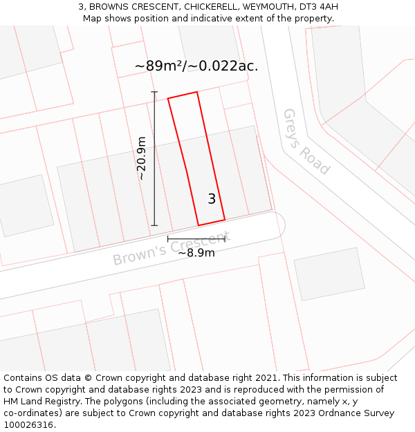 3, BROWNS CRESCENT, CHICKERELL, WEYMOUTH, DT3 4AH: Plot and title map