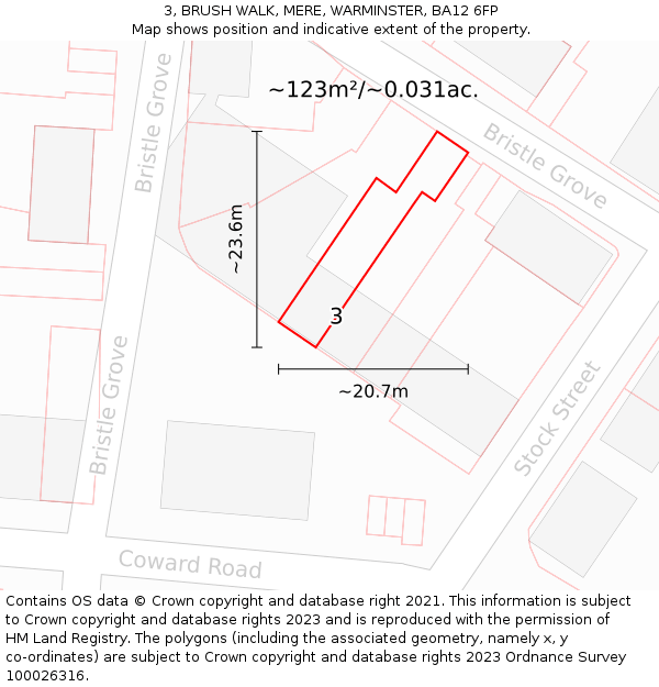 3, BRUSH WALK, MERE, WARMINSTER, BA12 6FP: Plot and title map