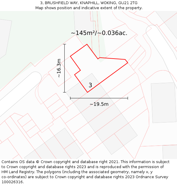 3, BRUSHFIELD WAY, KNAPHILL, WOKING, GU21 2TG: Plot and title map