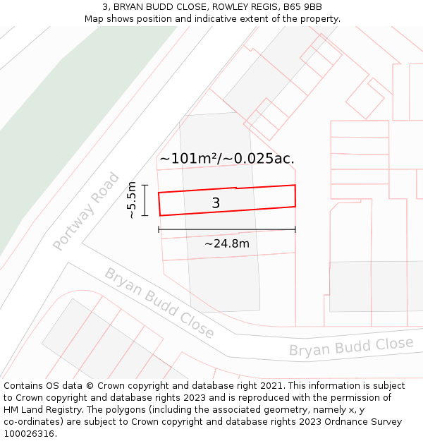 3, BRYAN BUDD CLOSE, ROWLEY REGIS, B65 9BB: Plot and title map