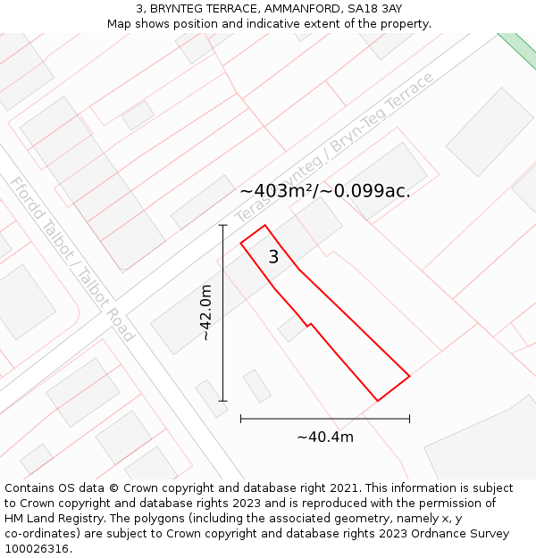 3, BRYNTEG TERRACE, AMMANFORD, SA18 3AY: Plot and title map