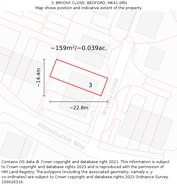 3, BRYONY CLOSE, BEDFORD, MK41 0RN: Plot and title map