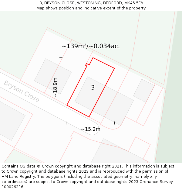 3, BRYSON CLOSE, WESTONING, BEDFORD, MK45 5FA: Plot and title map