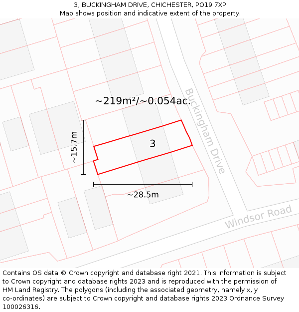 3, BUCKINGHAM DRIVE, CHICHESTER, PO19 7XP: Plot and title map